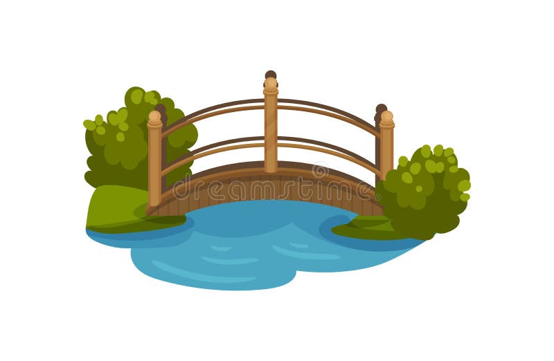 Wooden arch bridge with railings. Footbridge over small pond. Green bushes and grass. Flat vector element for map of