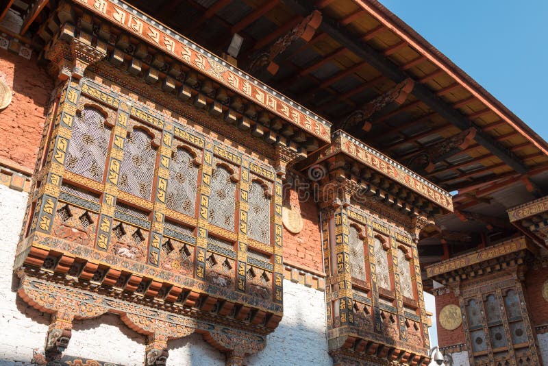 Ornate decoration inside Buddhist monastery / fort Dzong in Punhaka, Bhutan royalty free stock photo