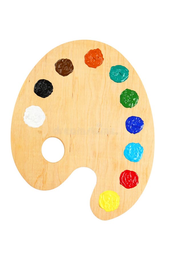Wooden art palette with paints isolated on a white