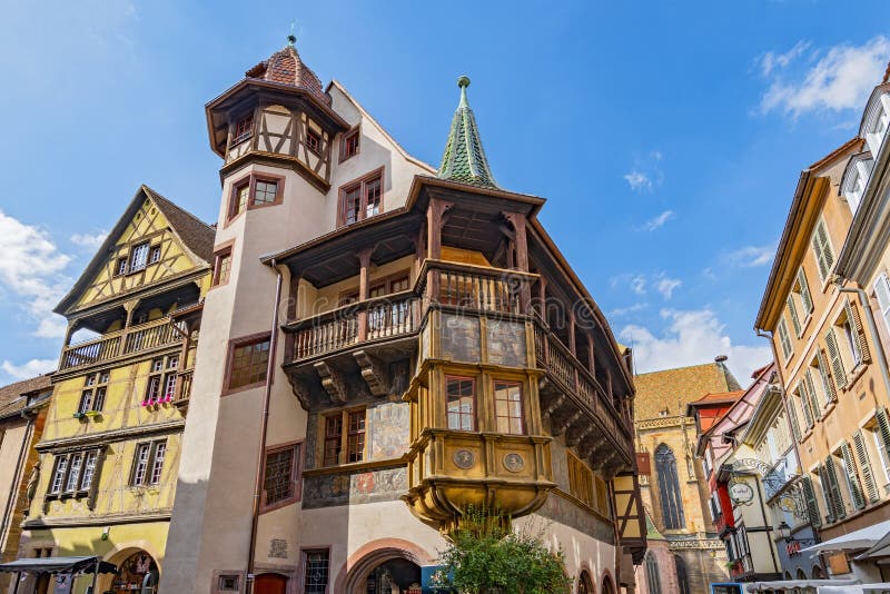 Wooden balcony of the medieval house Maison Pfister at Colmar, Alsace France.