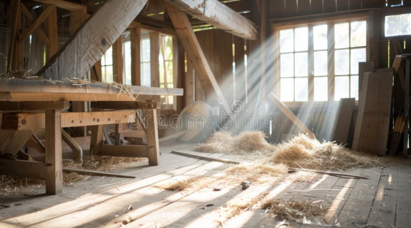 Wooden barn, vintage style: old beam, rustic interior, farm atmosphere, straw bale, antique tool, countryside setting, historic structure, traditional decor, retro detail, aged wood,. Stable rustic style stock images, royalty-free photos and pictures