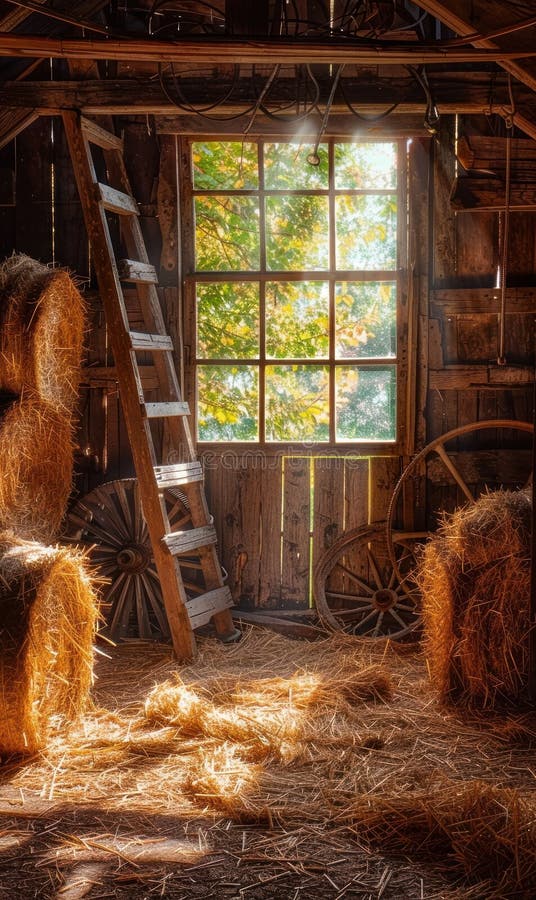 Wooden barn, vintage style: old beam, rustic interior, farm atmosphere, straw bale, antique tool, countryside setting, historic structure, traditional decor, retro detail, aged wood,. Stable rustic style stock images, royalty-free photos and pictures