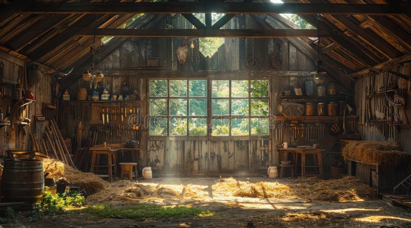 Wooden barn, vintage style: old beam, rustic interior, farm atmosphere, straw bale, antique tool, countryside setting, historic structure, traditional decor, retro detail, aged wood,. Stable rustic style stock images, royalty-free photos and pictures