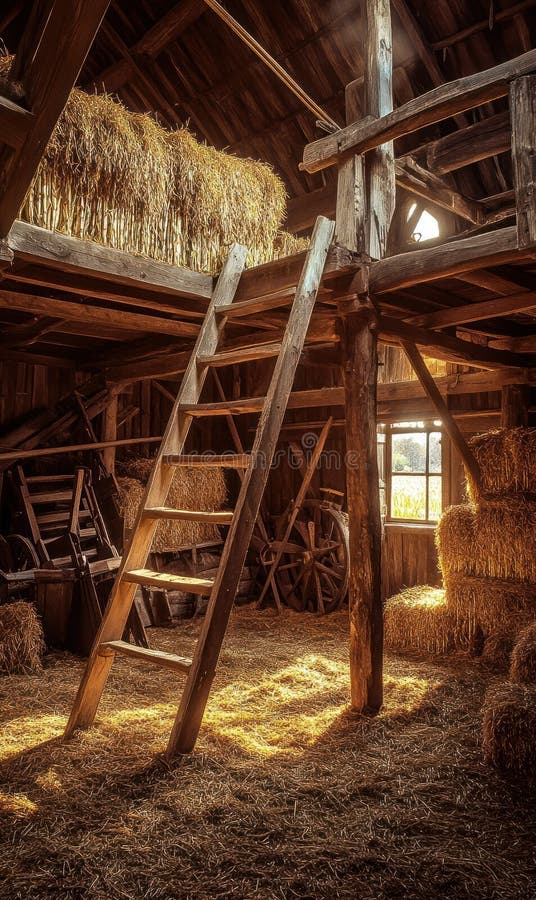 Wooden barn, vintage style: old beam, rustic interior, farm atmosphere, straw bale, antique tool, countryside setting, historic structure, traditional decor, retro detail, aged wood,. Stable rustic style stock images, royalty-free photos and pictures