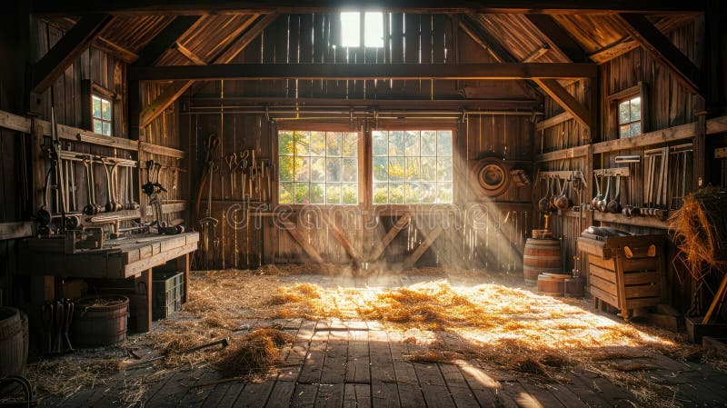 Wooden barn, vintage style: old beam, rustic interior, farm atmosphere, straw bale, antique tool, countryside setting, historic structure, traditional decor, retro detail, aged wood,. Stable rustic style stock images, royalty-free photos and pictures