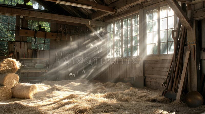 Wooden barn, vintage style: old beam, rustic interior, farm atmosphere, straw bale, antique tool, countryside setting, historic structure, traditional decor, retro detail, aged wood,. Stable rustic style stock images, royalty-free photos and pictures