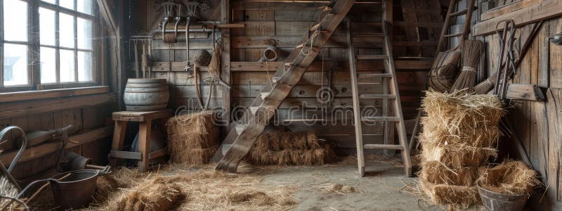 Wooden barn, vintage style: old beam, rustic interior, farm atmosphere, straw bale, antique tool, countryside setting, historic structure, traditional decor, retro detail, aged wood,. Stable rustic style stock images, royalty-free photos and pictures
