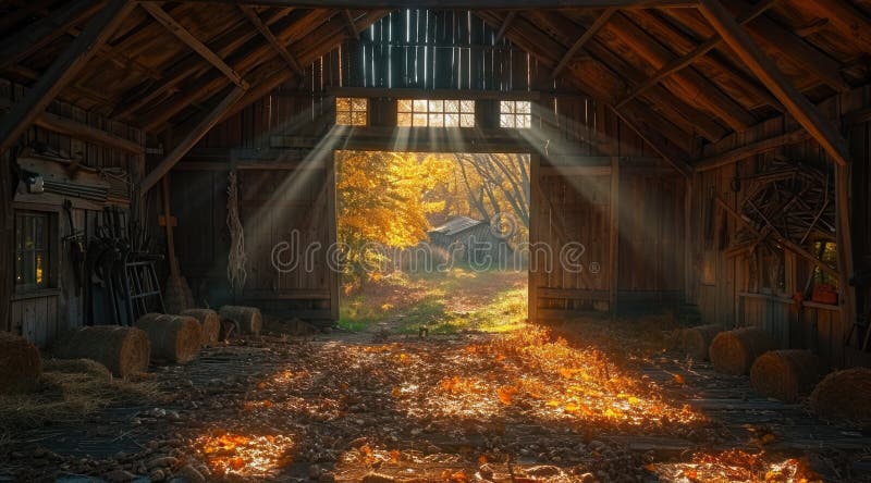 Wooden barn, vintage style: old beam, rustic interior, farm atmosphere, straw bale, antique tool, countryside setting, historic structure, traditional decor, retro detail, aged wood,. Stable rustic style stock images, royalty-free photos and pictures
