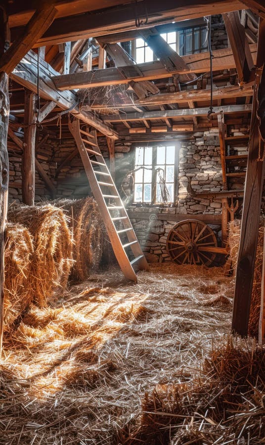 Wooden barn, vintage style: old beam, rustic interior, farm atmosphere, straw bale, antique tool, countryside setting, historic structure, traditional decor, retro detail, aged wood,. Stable rustic style stock images, royalty-free photos and pictures