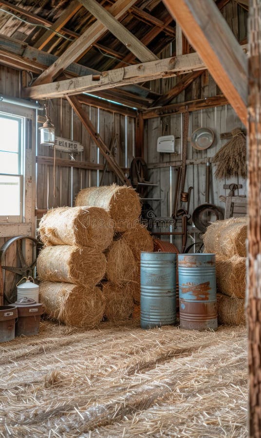 Wooden barn, vintage style: old beam, rustic interior, farm atmosphere, straw bale, antique tool, countryside setting, historic structure, traditional decor, retro detail, aged wood,. Stable rustic style stock images, royalty-free photos and pictures