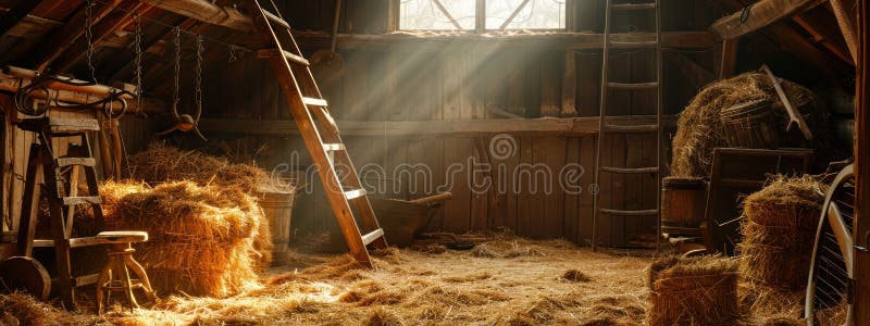 Wooden barn, vintage style: old beam, rustic interior, farm atmosphere, straw bale, antique tool, countryside setting, historic structure, traditional decor, retro detail, aged wood,. Stable rustic style stock images, royalty-free photos and pictures