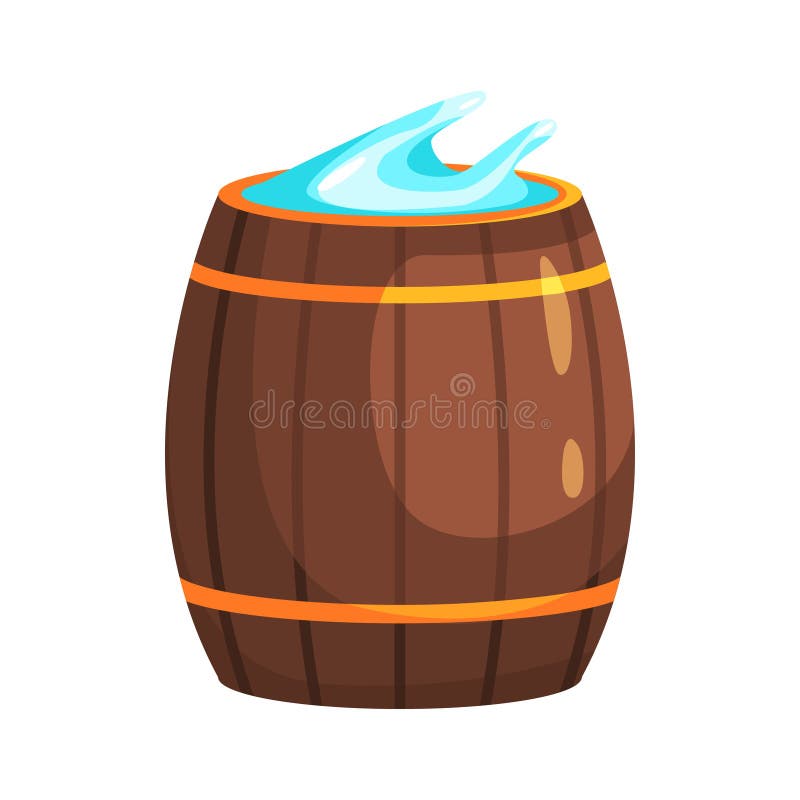 Wooden Barrel With Water, Part Of Russian Steam House Series Of Flat Funny Cartoon Illustrations