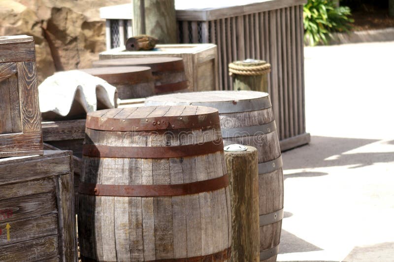 Wooden Barrels and Boxes on Shipping Dock Stock Image Image of