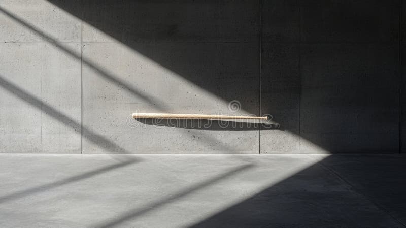 The image shows a single wooden baseball bat leaning against a concrete wall. The bat is positioned horizontally and is the only object in the frame. The wall is made of large, rectangular concrete blocks, and the bat is placed near the center of the wall. The bat casts a shadow on the wall, indicating a light source from the left side of the image. The floor is a light gray color, and the overall scene is devoid of any other objects or text. Large rectangular light source stock images, royalty-free photos and pictures