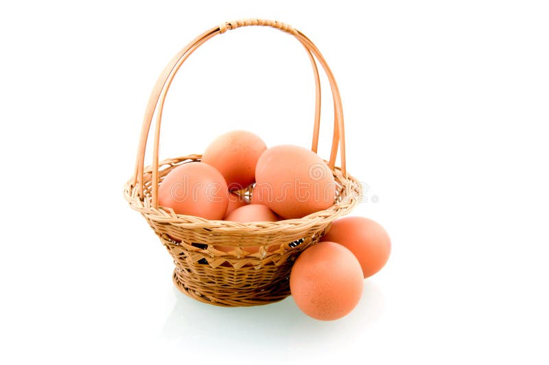 Wooden basket with chicken eggs