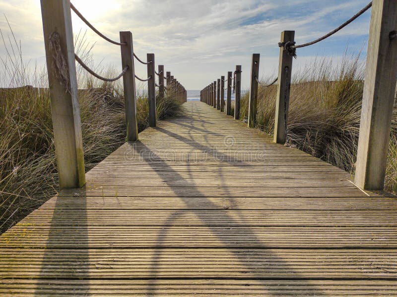 Wooden beach path with rope fence and blue sky, leading to ocean. Low angle.