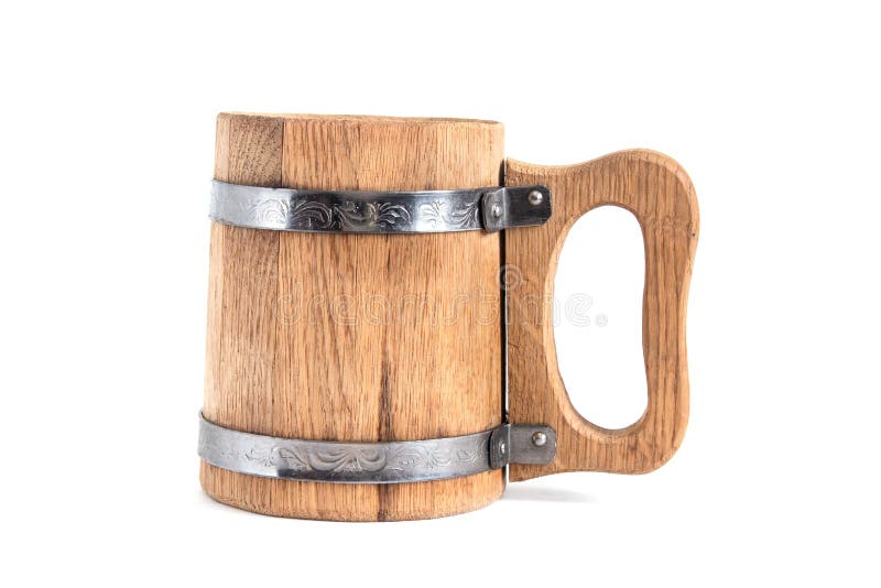 Wooden Beer Mug Stands on a Table on a White Background Sideways Stock