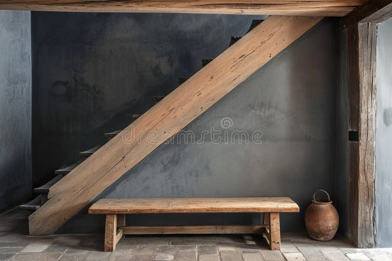 Wooden Bench Against Grey Wall and Staircase, Interior Design of Modern ...