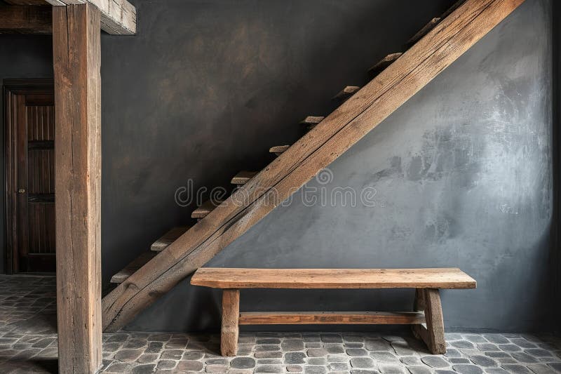 Wooden Bench Against Grey Wall and Staircase, Interior Design of Modern ...