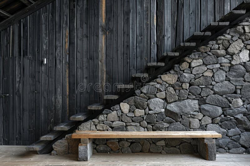 Wooden Bench Against Grey Wall and Staircase, Interior Design of Modern ...