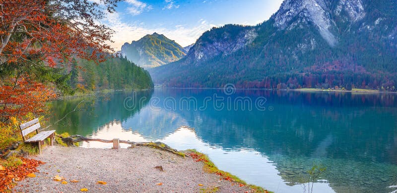 Wooden bench on Alpsee lake shore