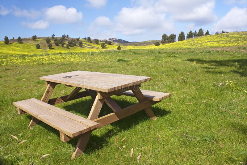 Wooden bench in the meadows royalty free stock photos