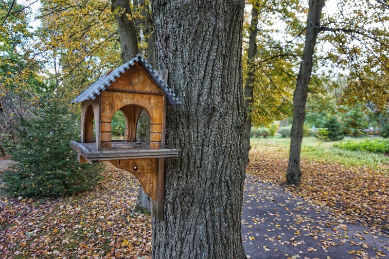 A Wooden Bird Feeder in the Park. Stock Photo Image of fence, nurse