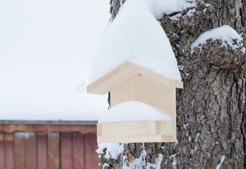 Wooden birdhouse hanging in the tree, covered with snow in winter royalty free stock photography Wooden birdhouse hanging in the tree, covered with snow in winter royalty free stock photography