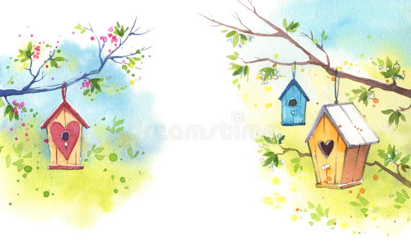 Wooden birdhouses and blooming trees in spring, watercolor illustration