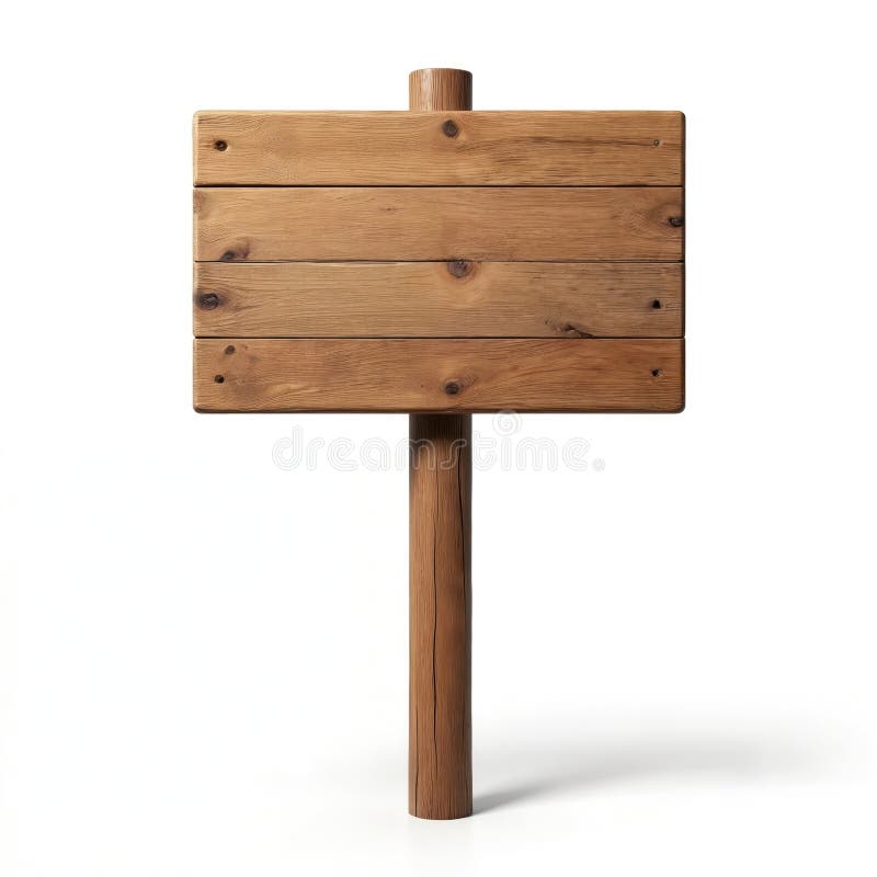 Wooden blank sign post, isolated on white background. Cut out PNG file. Rustic plank signboard with textured frame, banner. stock illustration