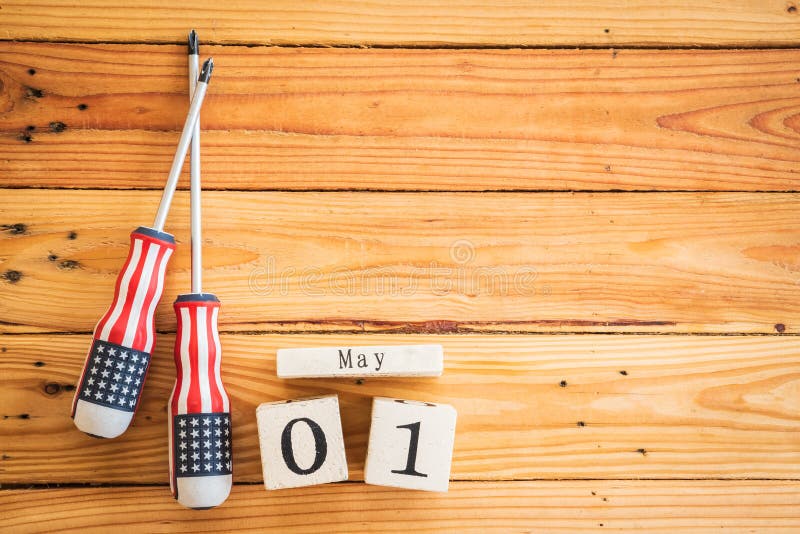 Wooden Block calendar for Labour Day, May 1 stock photo Wooden Block calendar for Labour Day, May 1 stock photo
