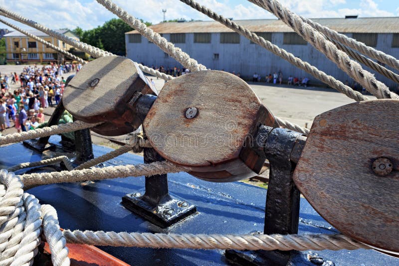 Wooden blocks as part of rigging on the sailing ship. Wooden blocks as part of rigging on the sailing ship.