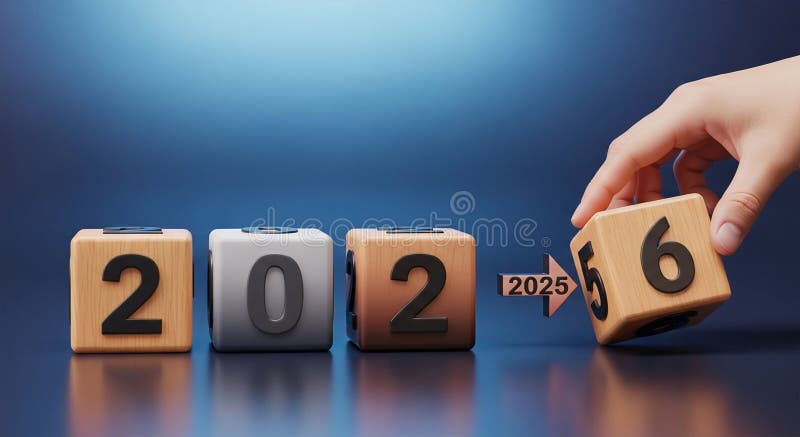 Wooden blocks displaying the numbers \'2025\' are arranged in a sequence against a blue gradient background. royalty free illustration