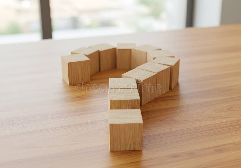 Wooden blocks question mark on table top, business problem solving concept, strategy and decision making idea royalty free illustration