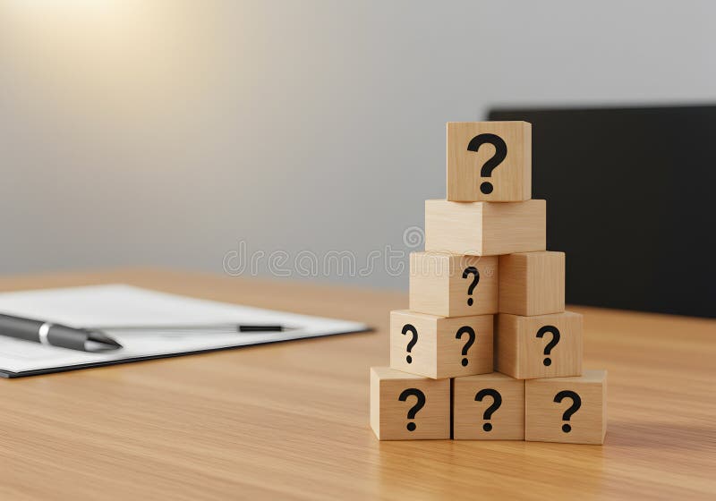 Question mark blocks stacked on desk concept of problem solving and decision making in business and life vector illustration