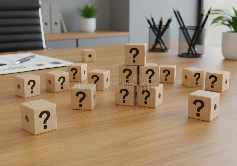 Question mark blocks on desk concept for business problem solving and decision making strategy idea vector illustration