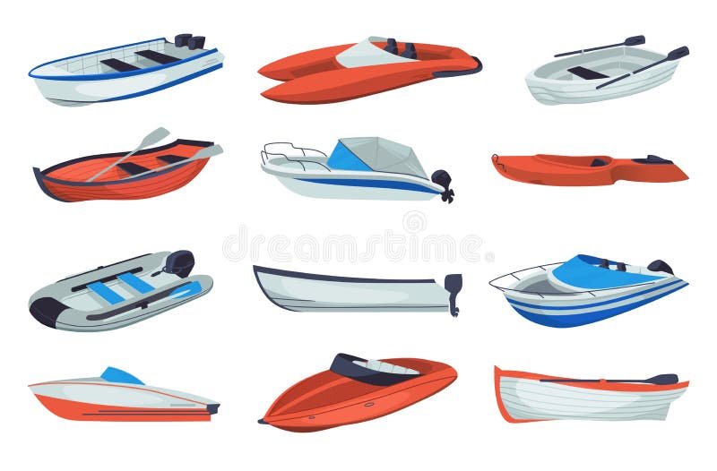 Wooden boats. Small ships for river and lake sailing. Motor travel and fishing vessel without passenger. Inflatable