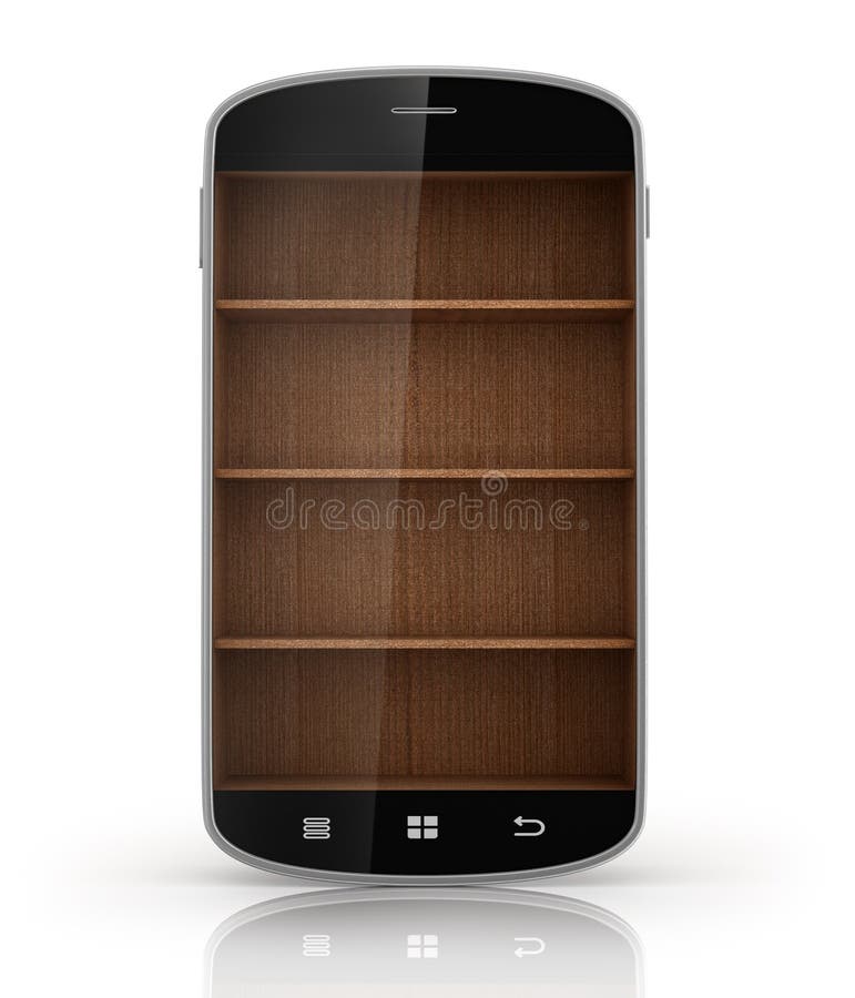 Wooden book shelf in smartphone with reflection