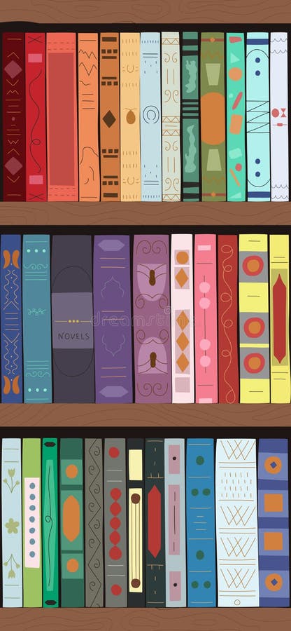 Wooden bookcase full of different books stock illustration