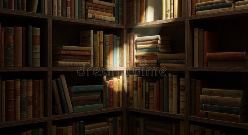 Wooden bookshelves filled with various books stack neatly. A soft beam of light vector illustration