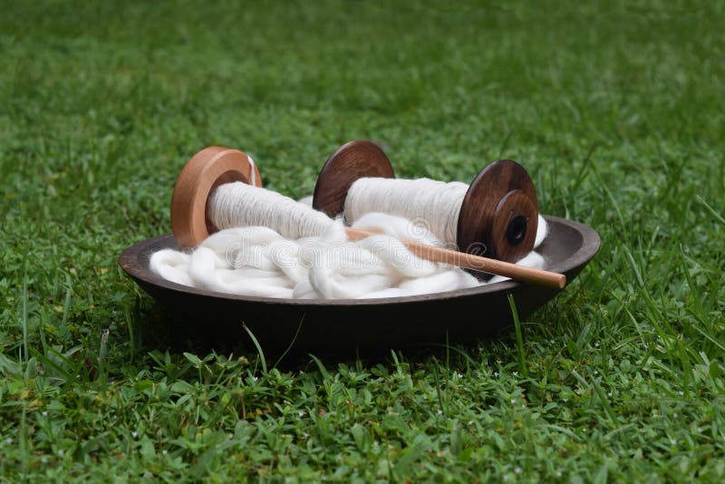 This is a wooden bowl filled with natural white cotton pencil roving with a wood spindle filled with cotton yarn and a spinning wheel bobbin filled with yarn on a green grass background. This is a wooden bowl filled with natural white cotton pencil roving with a wood spindle filled with cotton yarn and a spinning wheel bobbin filled with yarn on a green grass background.