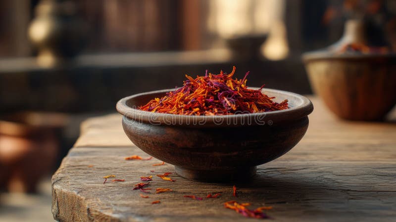 Wooden bowl filled with vibrant saffron threads placed on a textured wooden surface, capturing a warm. royalty free stock image