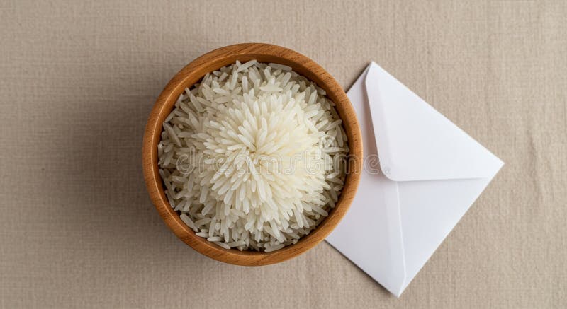 A Wooden Bowl of Rice och a Blank Kuvert on Beige Linen stock illustrationer
