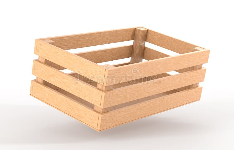 Wooden box angle view 3D render. Blank wood crate, timber plank container, tray or pallet for storage, transportation royalty free illustration
