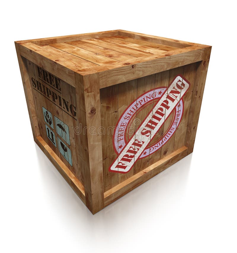 Wooden Box Crate With Free Shipping Sign Stock