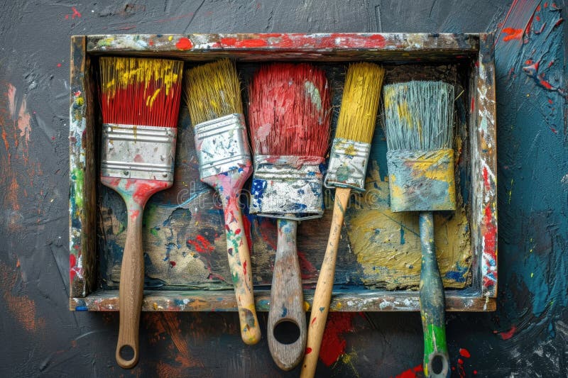 A wooden box filled with assorted paint brushes. Versatile and suitable for various art projects royalty free stock photos