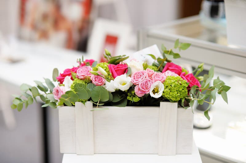 Wooden box with flowers stock image. Image of drapery 41038349