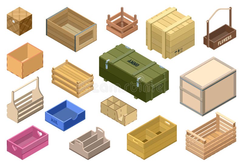 Cartoon Wooden Box Vector Icon Set, Vectors