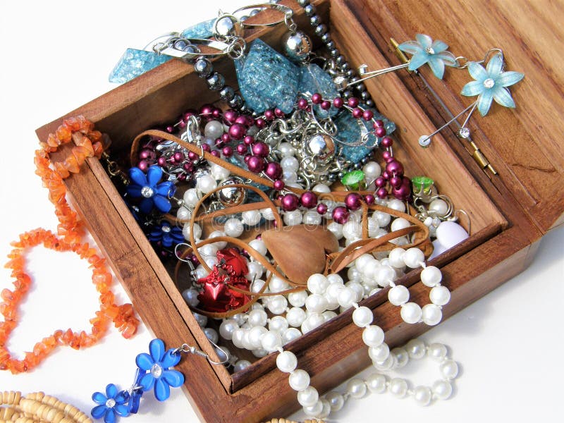 Wooden Box with Necklaces and Earrings Inside Stock Image Image of