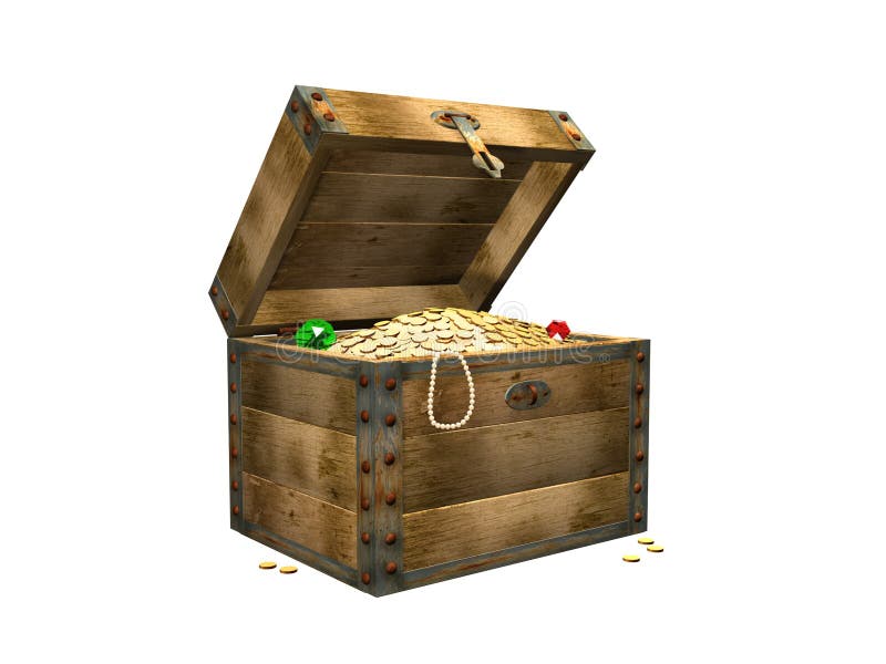 Wooden box with treasures. 3d royalty free illustration Wooden box with treasures. 3d royalty free illustration